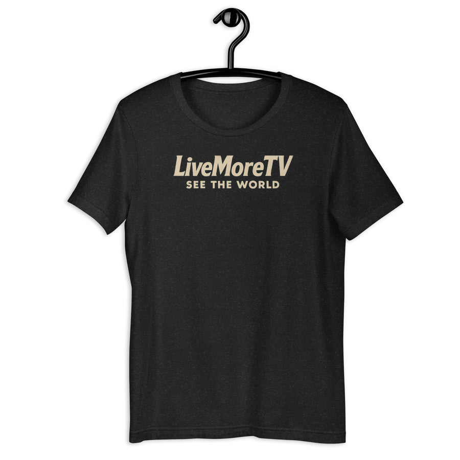 See The World Tee in black heather front view