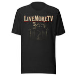 LiveMoreTV Haunted House Tee in Black Heather, front view
