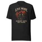 LiveMoreTV Nobody Gets Out Alive Tee — Black Heather — front view